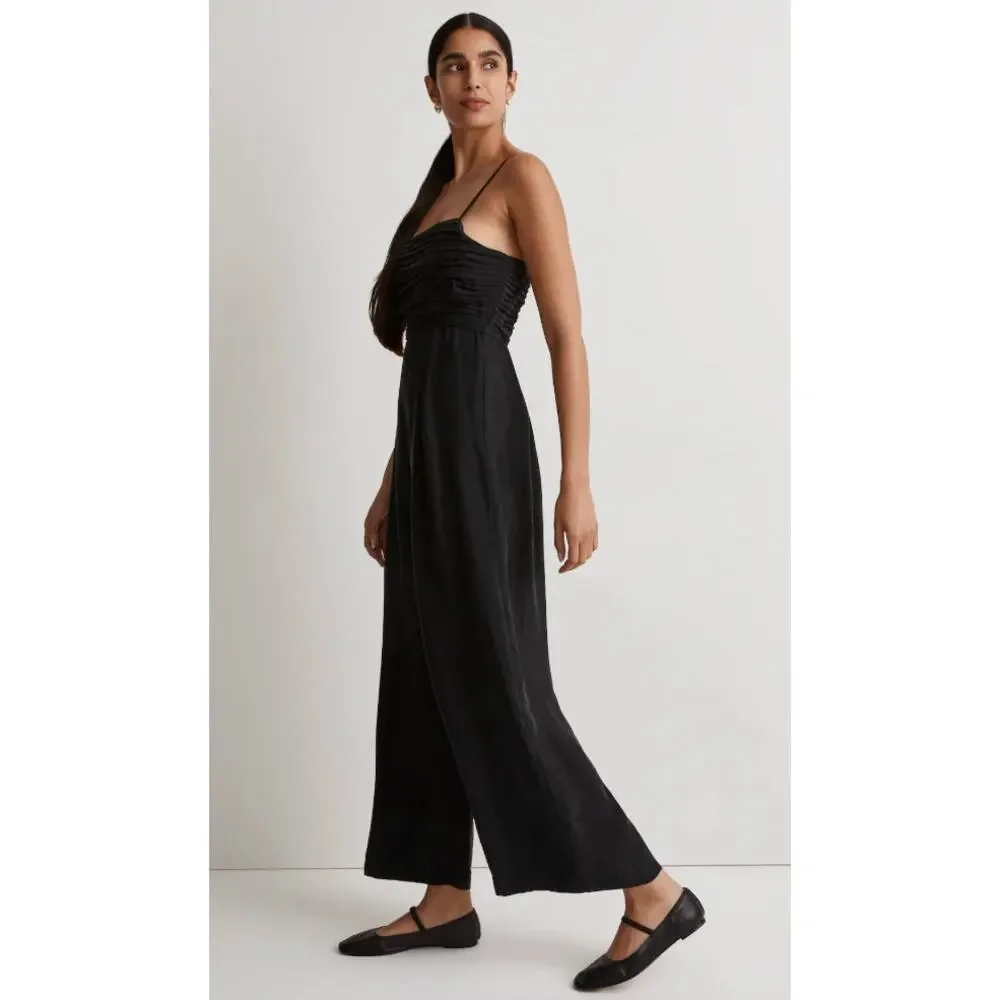 Madewell Ruched Drapey Silky Crop Straight Leg Jumpsuit True Black 14 NWT $138 - Picture 2 of 7